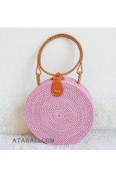 coloring rattan circle leather handbags hot pink color